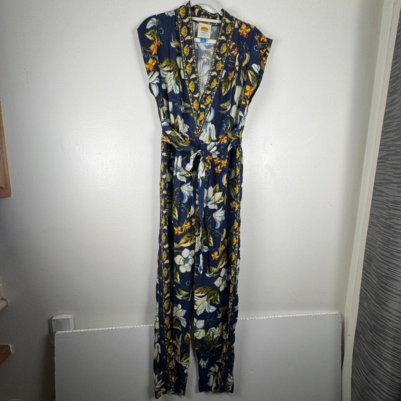 FARM Rio Pants - Farm Rio Anthropologie Blue Floral Hummingbird Jumpsuit Sleeveless Small 278875
